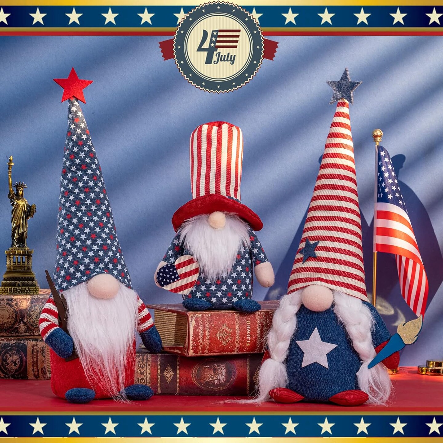 4th of July Patriotic Gnomes Decorations - 3PCS Handmade Gnomes American Stars&#x26;Stripes Plush Elf Scandinavian Tomte Veterans Memorial Day Gift - Fourth of July Independence Day Tabletop Decor