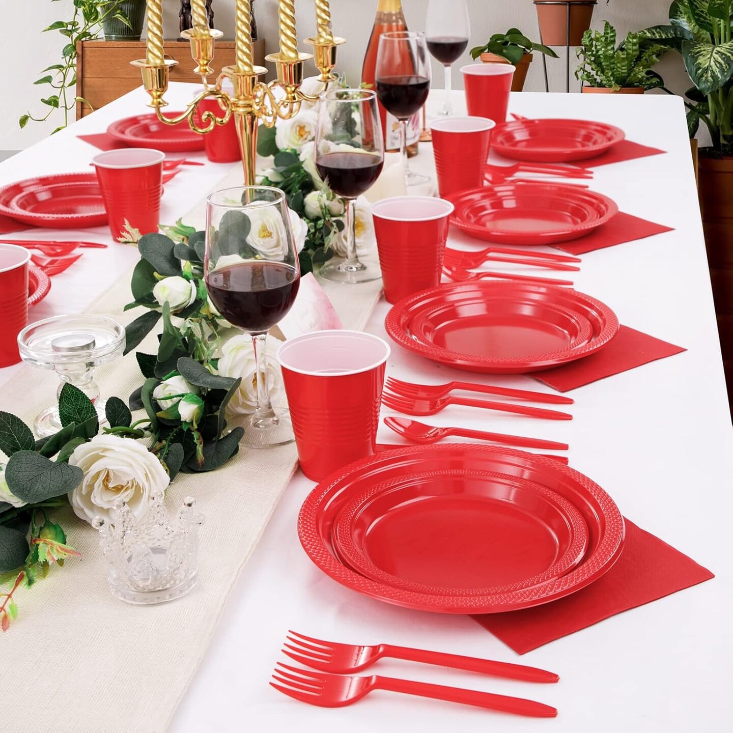 210 Pieces Red Party Supplies Disposable Dinnerware Set, Including Red Plastic Plates, 12OZ Cups, Plastic Cutlery and Paper Napkins