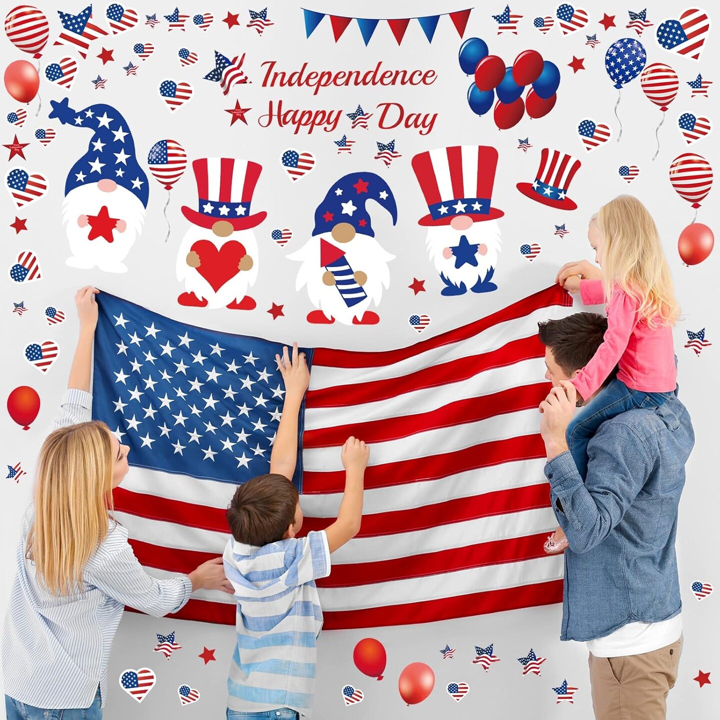 114 Pieces 4th of July Wall Sticker Independence Day Gnomes Patriotic American Flag Red White Blue Wall Decals Window Stickers for Memorial Day Independence Day Patriotic Party Favors Supplies Decor