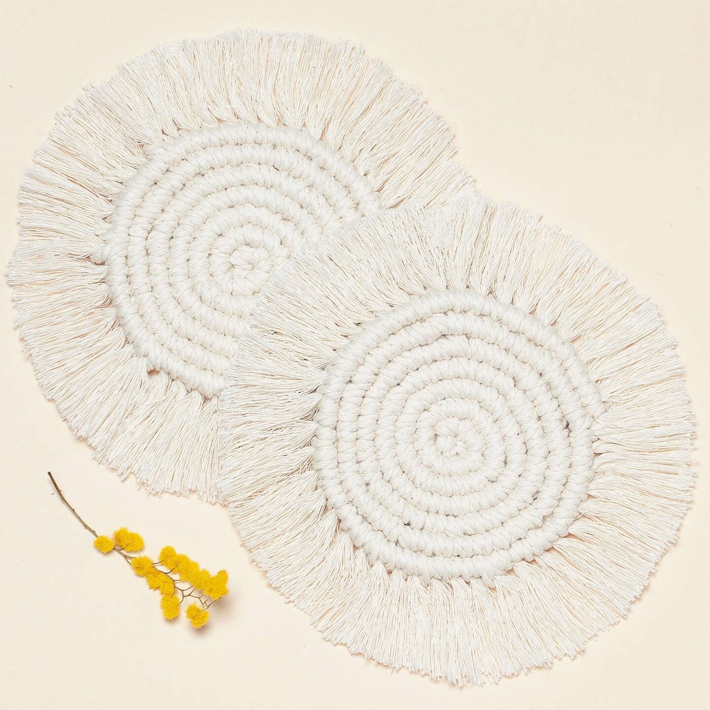 Set of 2 Macrame Coasters Woven Boho Handmade Placemats (Marshmallow)
