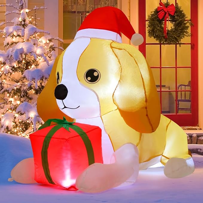 GOOSH 5 FT Long Christmas Inflatables Dog Cute Puppy with a Present Box with Built-in LEDs