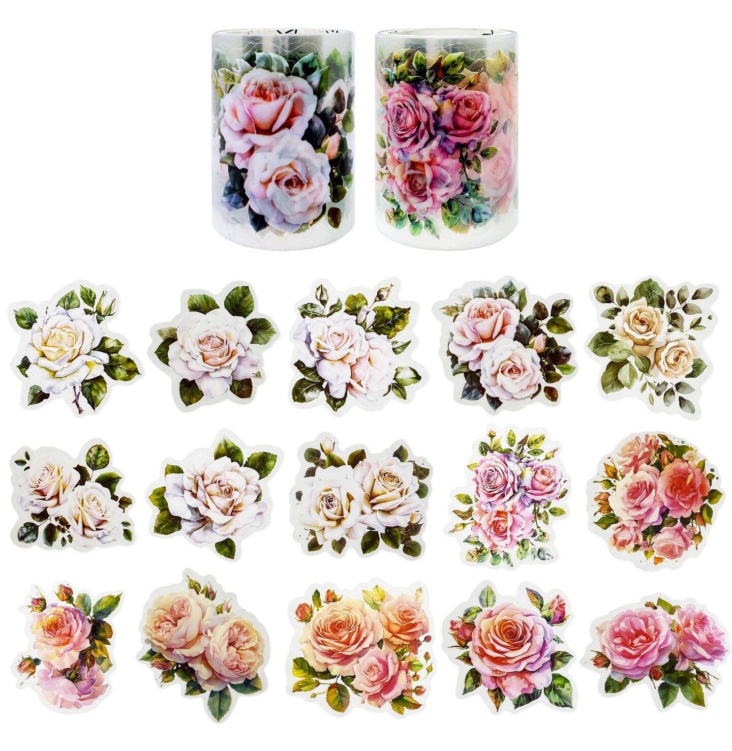 Wrapables Romantic Floral PET Tape, Pre-Cut Stickers for Scrapbooking, Stationery, Journaling, Diary, Card Making (Set of 2), Ivory and Pink