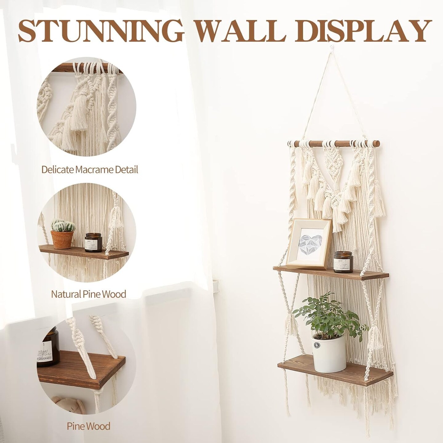 2 Tier Macrame Boho Wall Hanging Shelf - Large