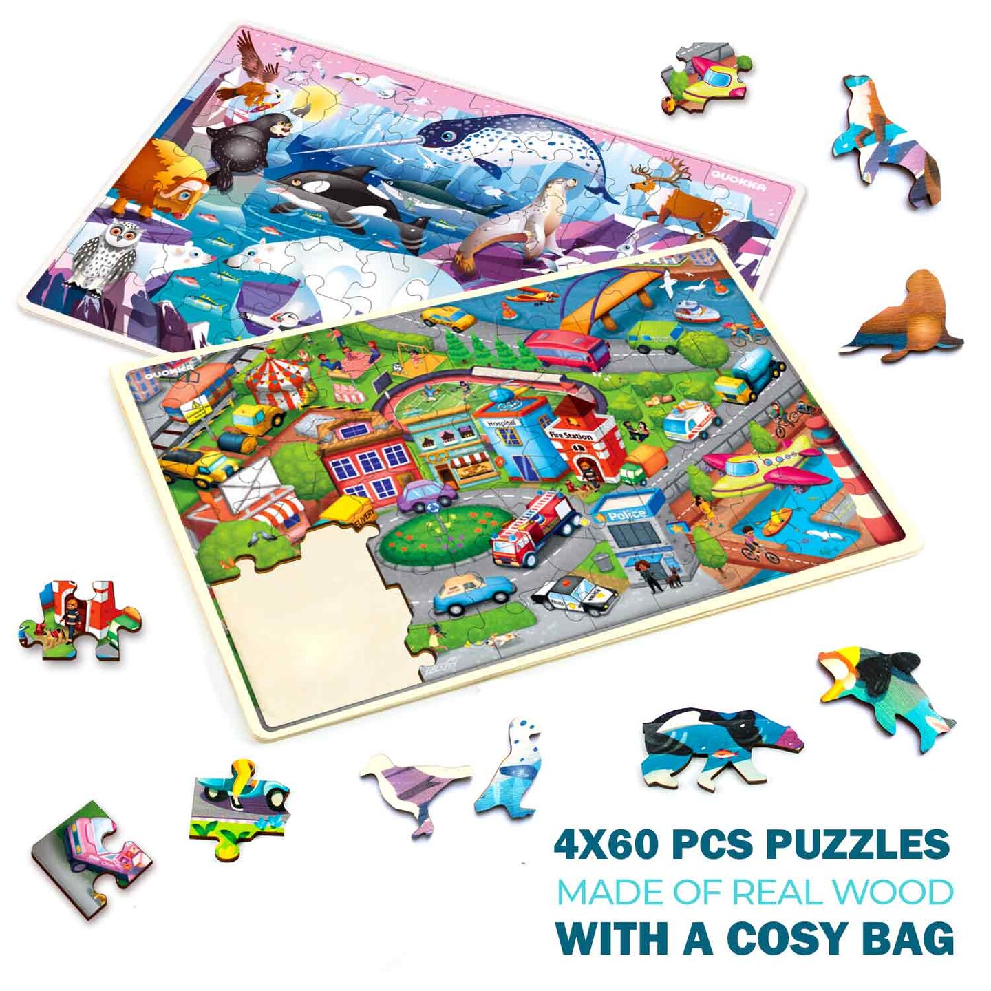 QUOKKA Wooden Puzzles for Kids Ages 4-6 &#x2013; 4 x 60 Piece Kids Puzzles Ages 4-8-10 Year Olds by QUOKKA - Jigsaw Learning Game with Animals Dinosaurs City for 3-5 yo Wood Toys for Boys and Girls