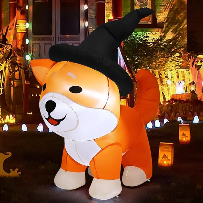 GOOSH 4 FT Halloween Inflatables Wizard Shiba Inu Dog with Built-in LEDs