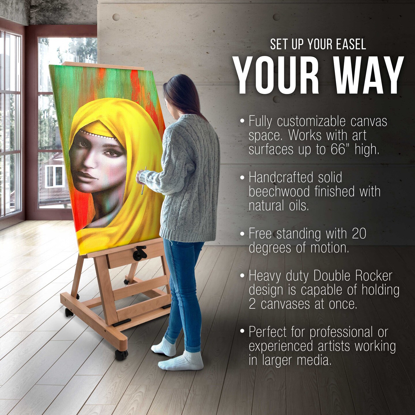 Double Rocker Crank Heavy Duty Extra Large Wooden Studio Floor Standing Easel - Double Mast Adjustable H-Frame Art Easel for Painting, Canvas Holder, Display Stand with Locking Wheels