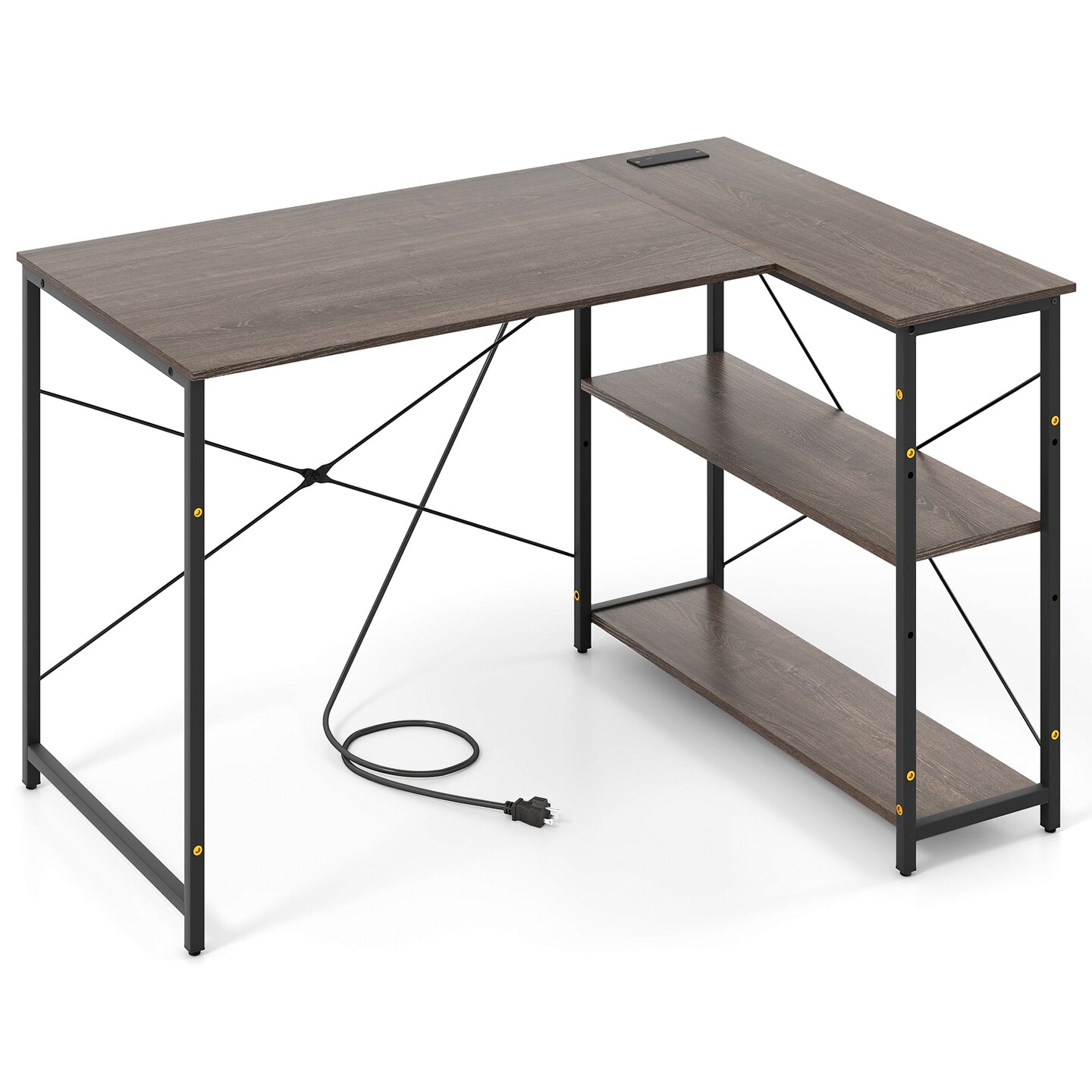 Grey Steel Wood L-Shaped Computer Desk with Reversible Storage Shelf