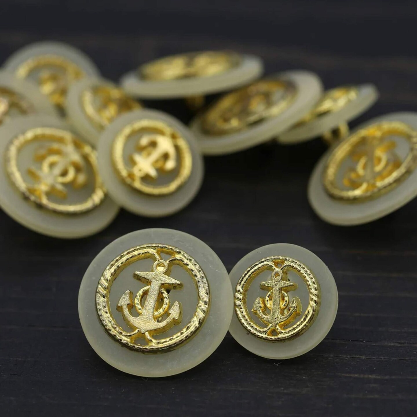 12 Pieces Gold Anchor on Ivory Base Buttons Small 5/8 Inch