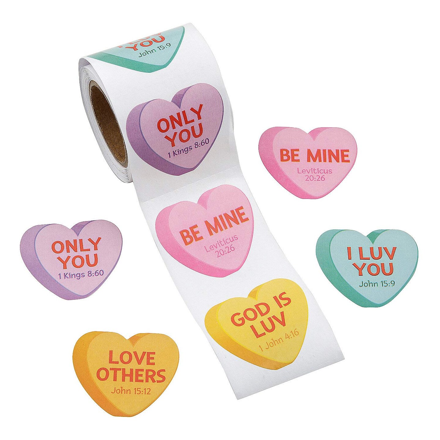 Religious Conversation Hearts Sticker Roll 100 Pieces 1 1/4x1 1/2 Inch