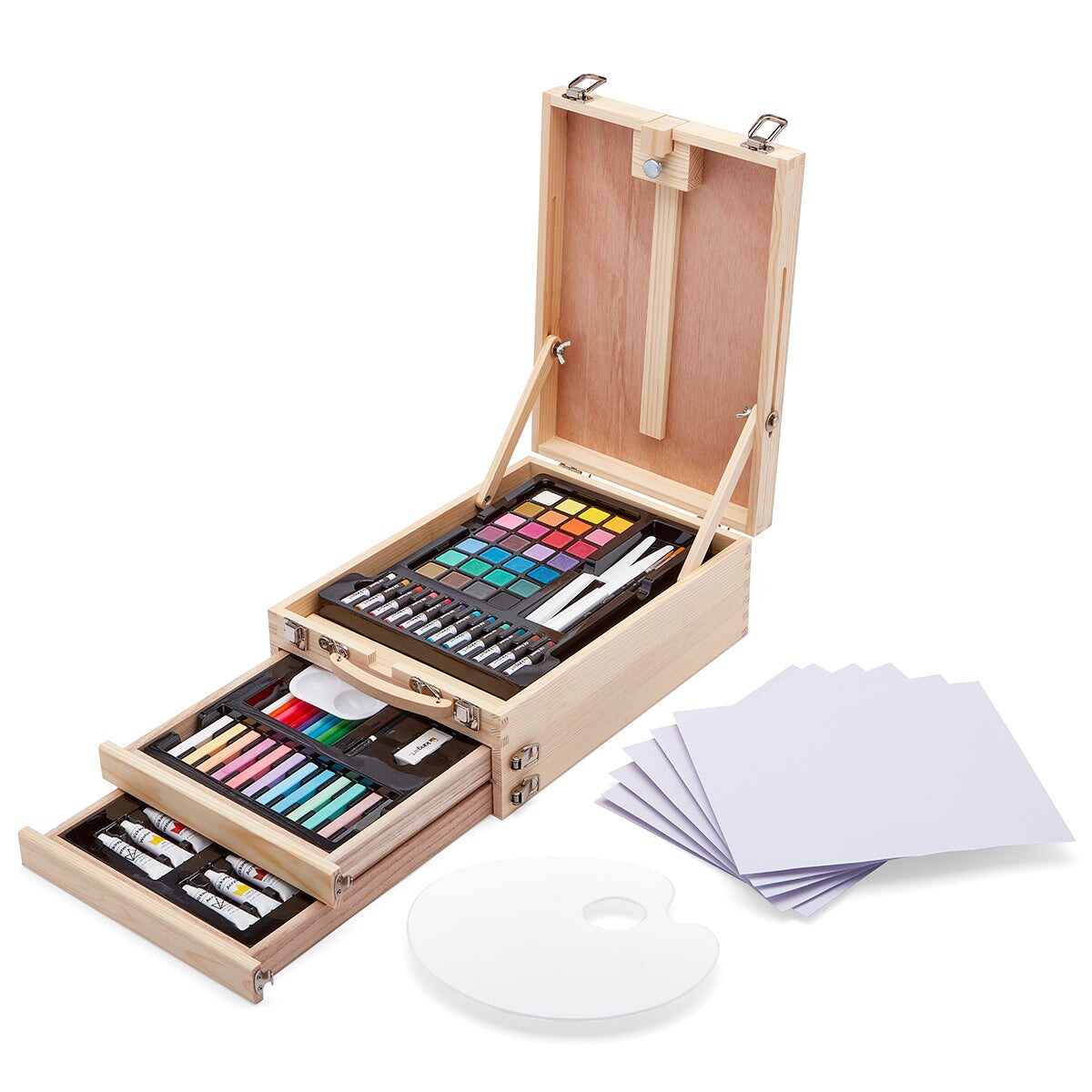 KINGART® Mixed Media Art Set, Table-Top Sketchbox Easel, 105 Pcs.