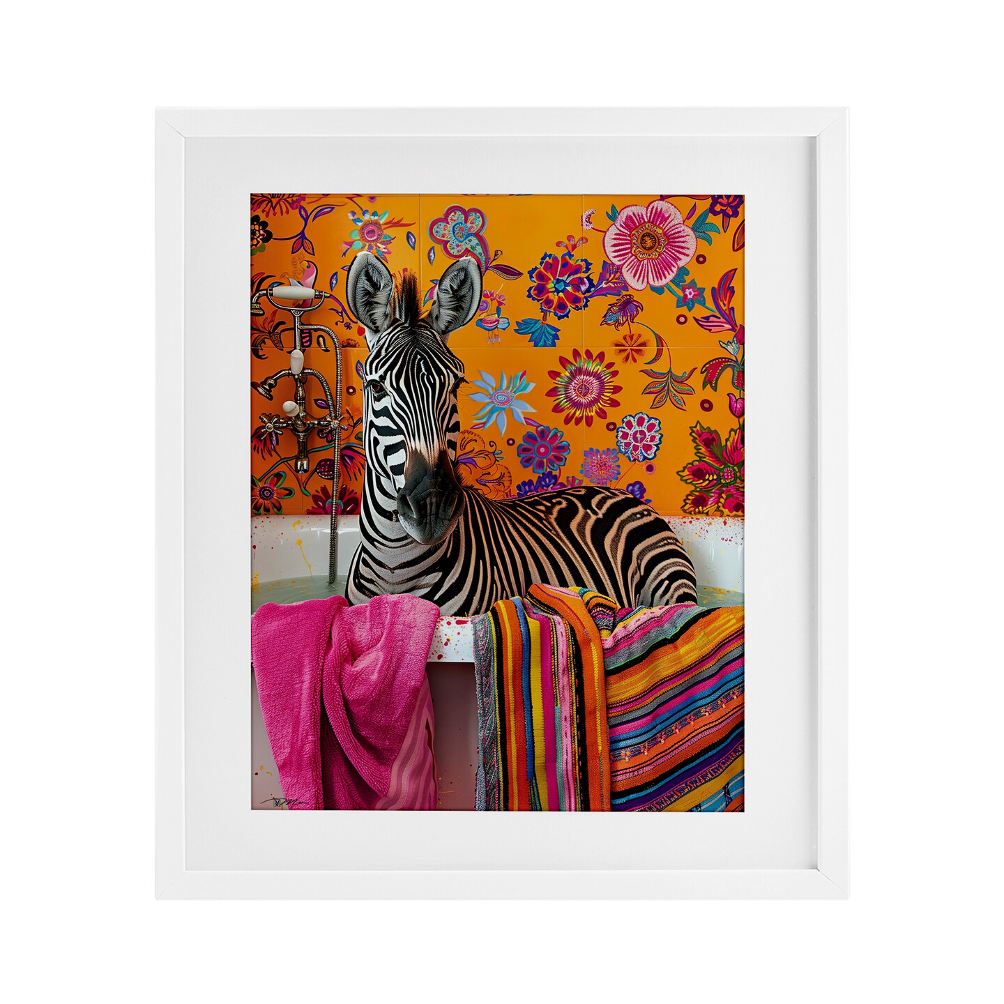 Stupell Industries Zebra Bath with Colorful Towel Framed Print Under Glass, design by Momart