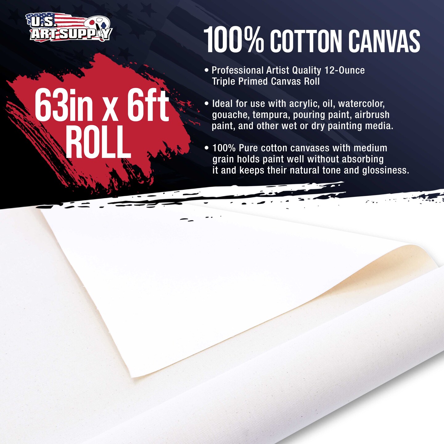 U.S. Art Supply 12-Ounce Triple Primed Gesso 63&#x22; Wide x 6&#x27; Long (2 Yards), 100% Cotton, Acid-Free - Unstretched Canvas Rolls for Painting, Oil &#x26; Acrylic, Murals - Cut To Frame Size