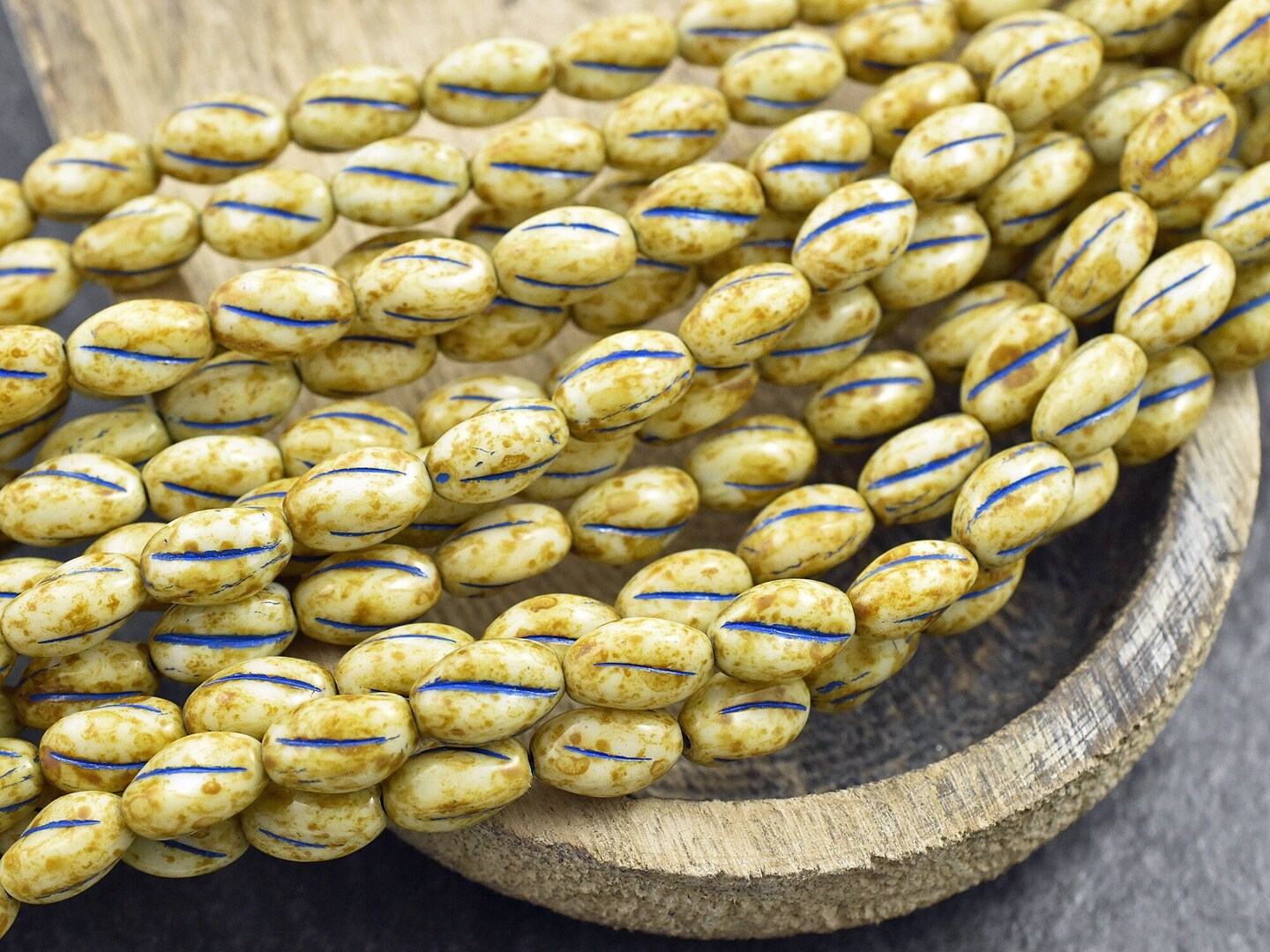 *17* 8x11mm Blue Washed Alabaster Picasso Coffee Bean Oval Beads