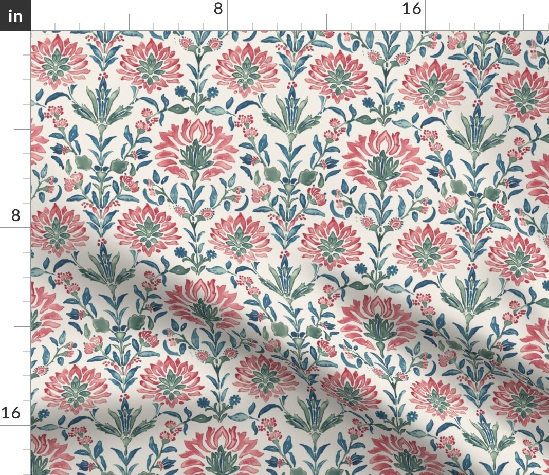Watercolor Floral Red Blue Green Botanical Flowers Leaves Cottagecore Boho Custom Printed Fabric by Spoonflower Various Fabrics by the Yard or Fat Quarter