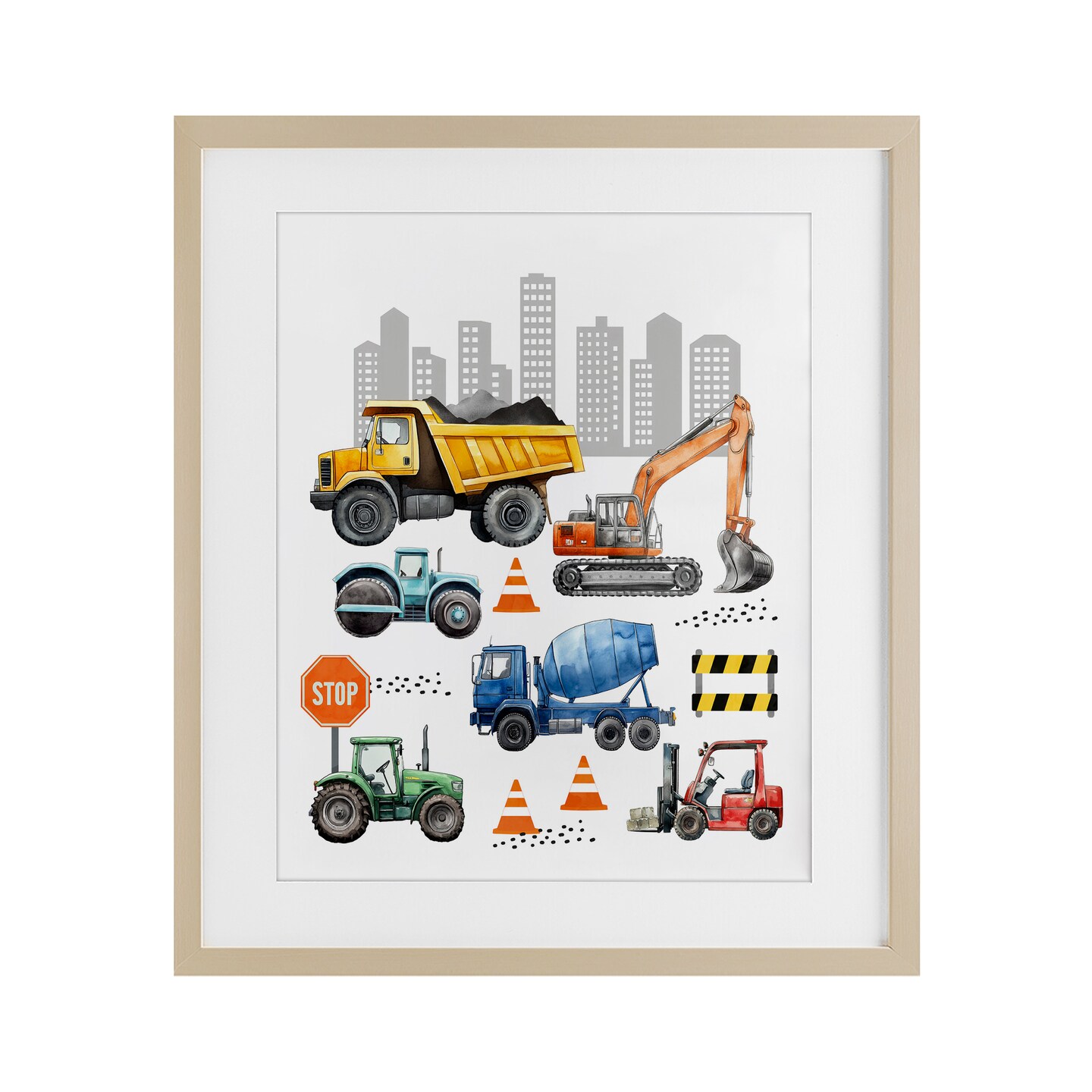 Stupell Industries Keep Moving Construction Vehicles Framed Print Under Glass, design by Christine Simpson Art