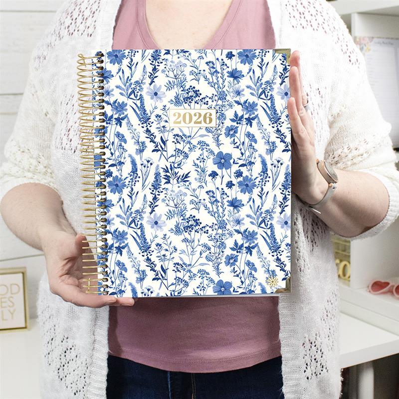 bloom daily planners 2026 Hard Cover Weekly & Monthly Planner, 8.5" x 11", Blue & White Floral
