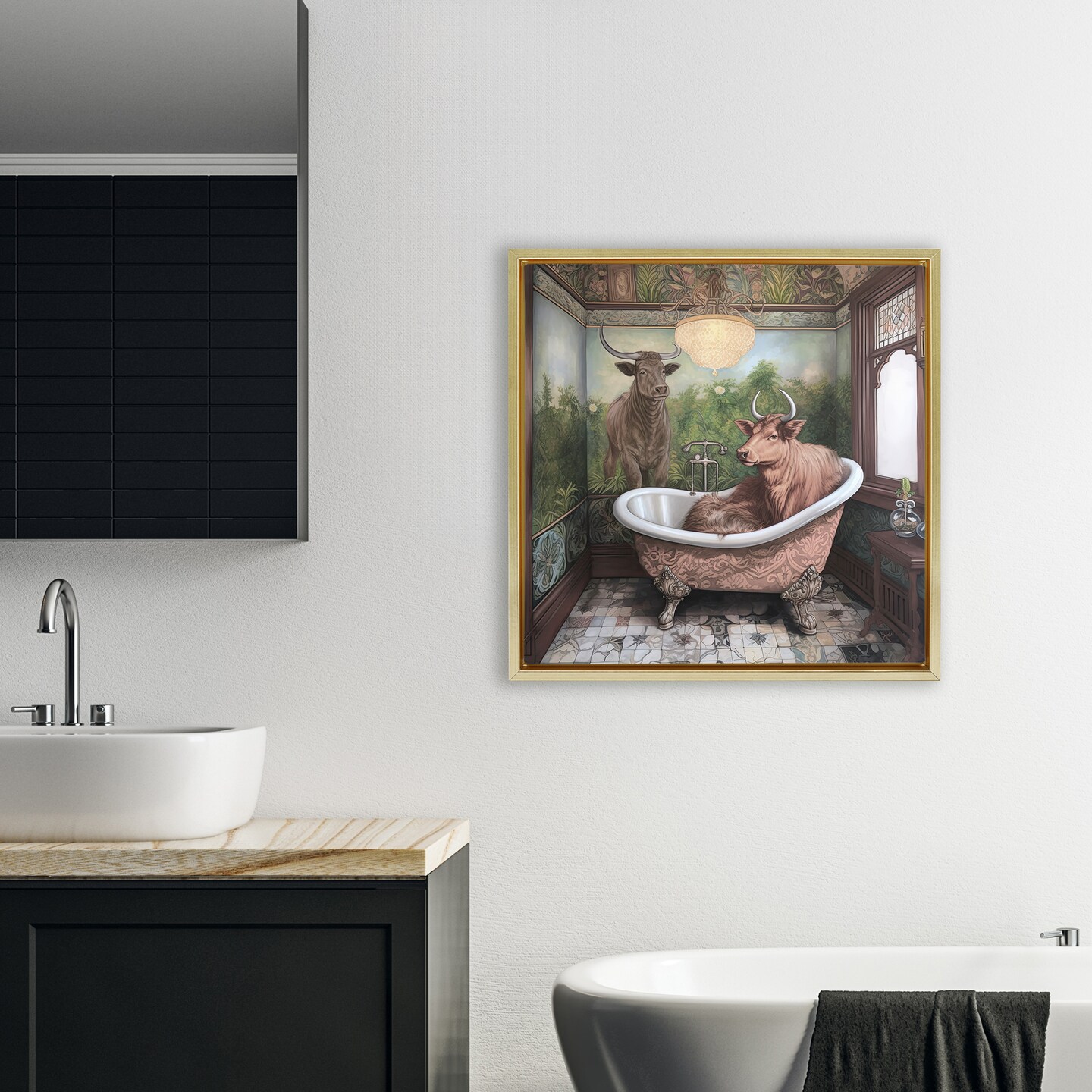 Stupell Industries Longhorn Cattle Bath Time Tub Floating Frame, design by Sasha