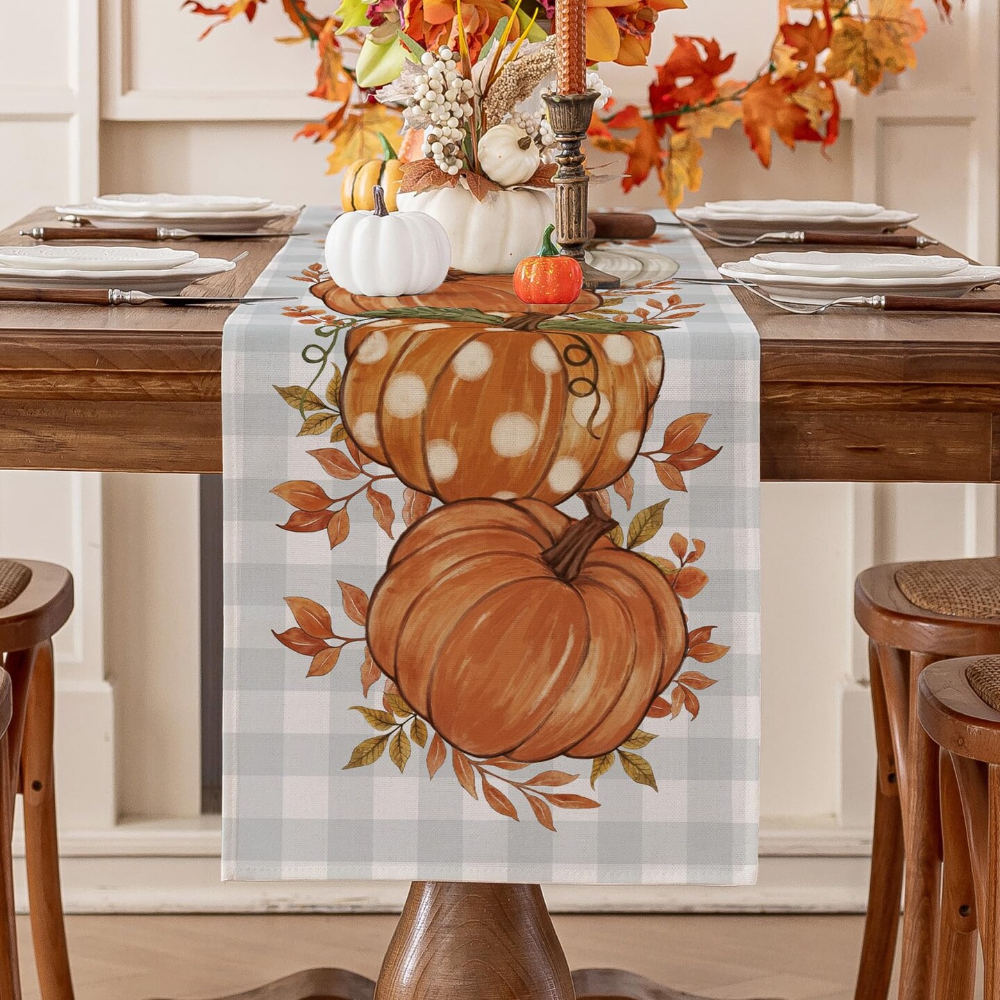 Pumpkin Leaves Fall Table Runner, Buffalo Plaid Autumn Thanksgiving Harvest Farmhouse Style Table Decoration for Dining, Party, Holiday - 13x72 Inch, Grey Blue