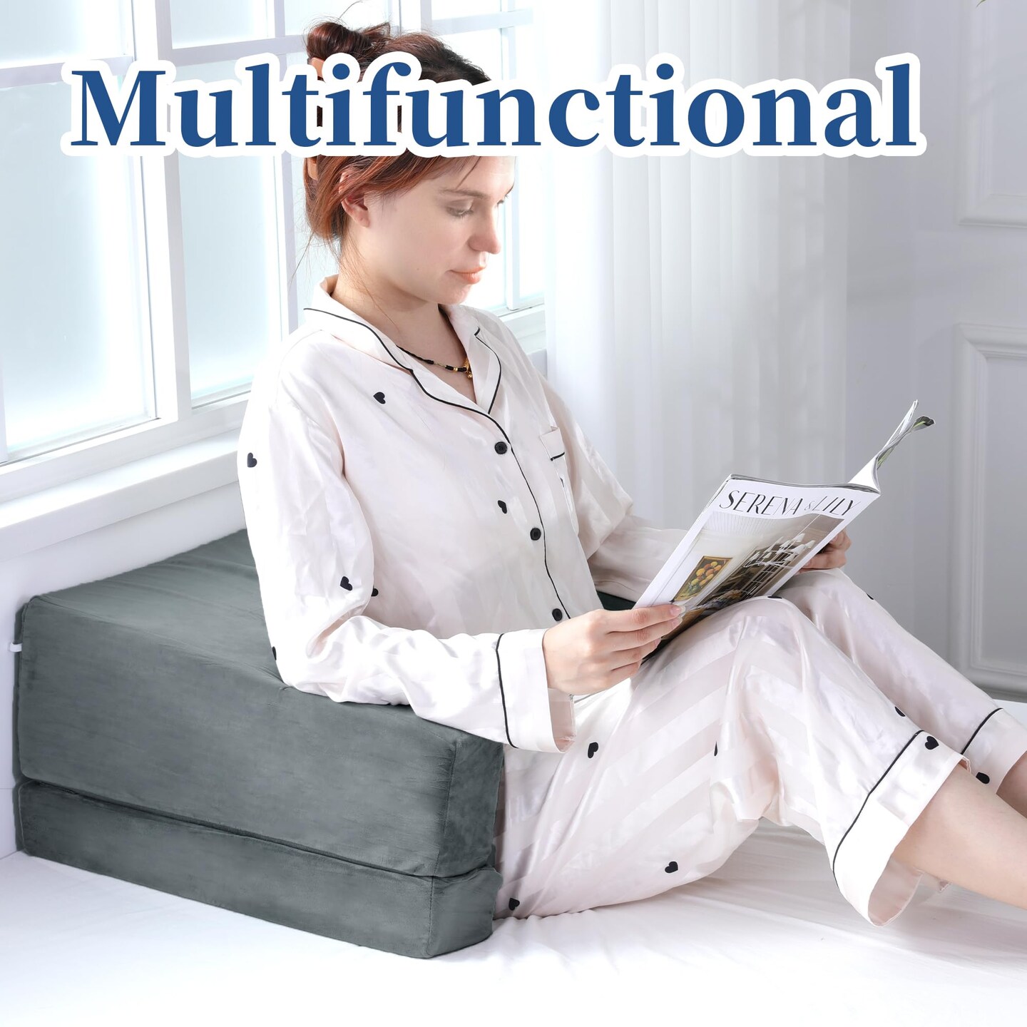 Adjustable Foam Crochet Pillow for Lap Support, Soft Velvet Reading & Gaming Pillow with Side Pocket and Elastic Band, Desk Pillow for Sofa, Bed & Floor, 2 Heights for Adjusting, (Grey)