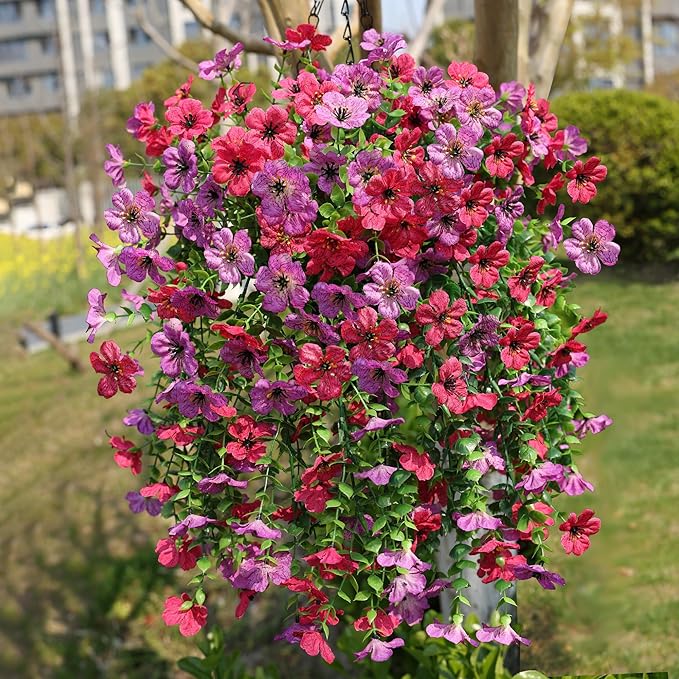 Artificial Hanging Flowers Basket for Outdoor, Fake Flowers Faux Plants Look Real for Yard Gardens Porch Patio Home (Purple+Hotpink)