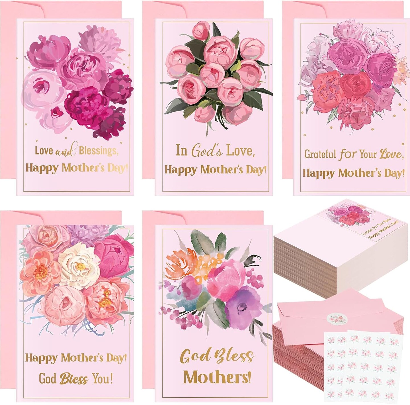 Mother’s Day Card Making Religious Floral Greeting Card Set – 50 Pack Scripture Cards with Envelopes & Stickers, Bulk Blank Notecards 3.94×5.91 Inch for Mom, Grandma & Women
