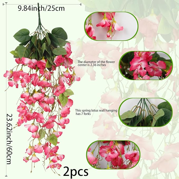 2 Pcs Fake Hibiscus Flowers Artificial Hanging Flowers Plants for Outdoors Realistic UV Resistant Spring Summer Decor Pink Silk Faux Flowers Trailing Vines for Front Door Porch Outside