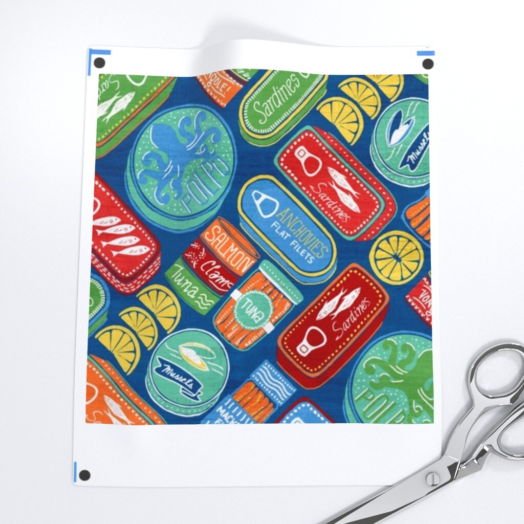 Canned Seafood Tuna Sardines Blue Green Red Orange Clams Anchovies Lemon Custom Printed Fabric by Spoonflower Various Fabrics by the Yard or Fat Quarter