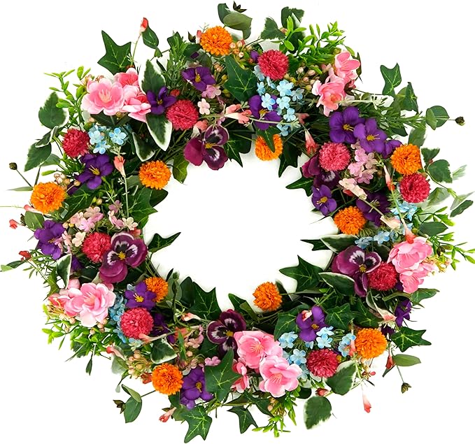 Spring Summer Wreaths for Front Door Pansy Wreath with Pink Cherry Blossoms,Small Ball Bhrysanthemum for Indoor Outdoor Farmhouse Home Porch Wall Window Festival Wedding Decor