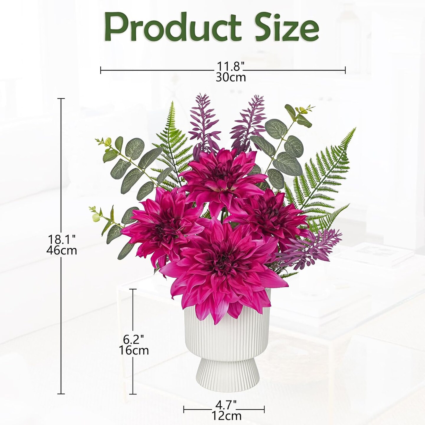 Spring Tabletop Decor – 18.1" Fuchsia Dahlia Artificial Flower Arrangement in Ceramic Vase, Faux Silk Dahlias with Eucalyptus for Home, Office & Dining Table Centerpiece