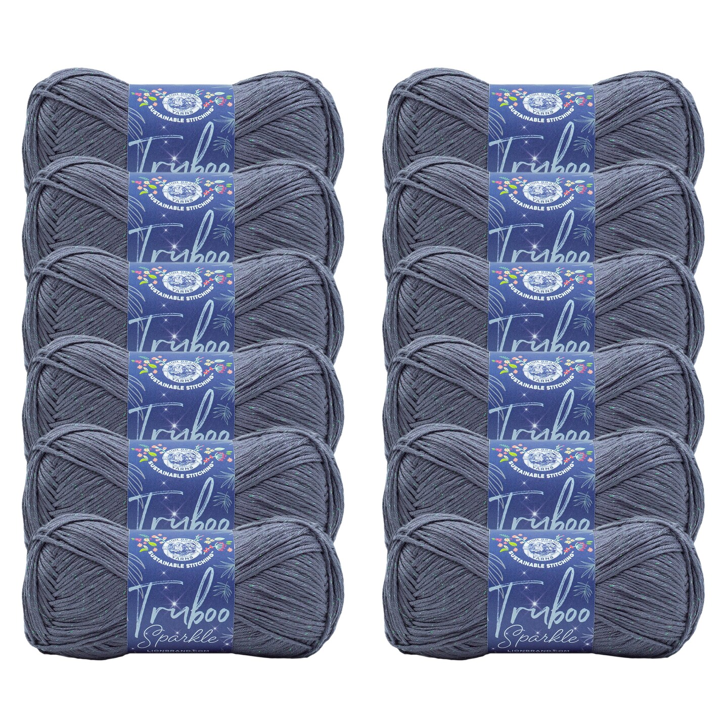 Lion Brand Yarn Truboo Sparkle Thunder Light Weight Rayon from Bamboo, Polyester Grey Yarn 12 Pack