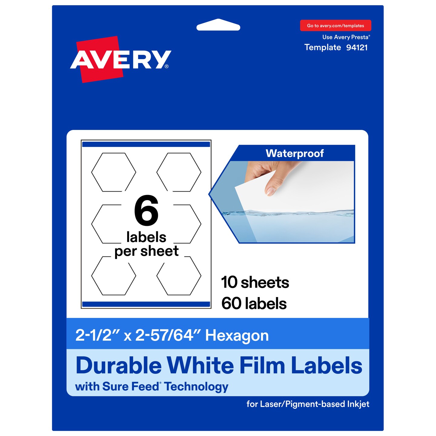 Avery Durable Waterproof Hexagon Labels with Sure Feed, 2-1/2" x 2-57/64"