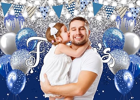 7x5ft Blue and Silver Glitter Happy Father's Day Backdrop - I Love Dad Large Photography Background Banner | Thank You Daddy Festival Party Supplies, Family Photo Booth Props for Video & Wall Decor
