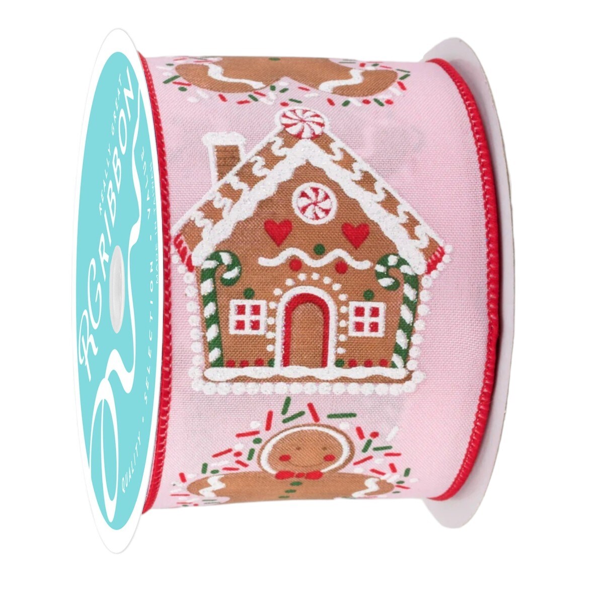 Pink Gingerbread Wired Ribbon - 2.5" x 10 Yards for Christmas Bows, Wreaths, and Crafts - RG Ribbon