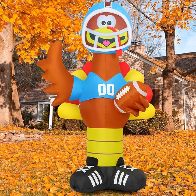 GOOSH 6 FT Thanksgiving lnflatable Turkey Blow Up Yarda Turkey with a Rugby with Built-in LEDs