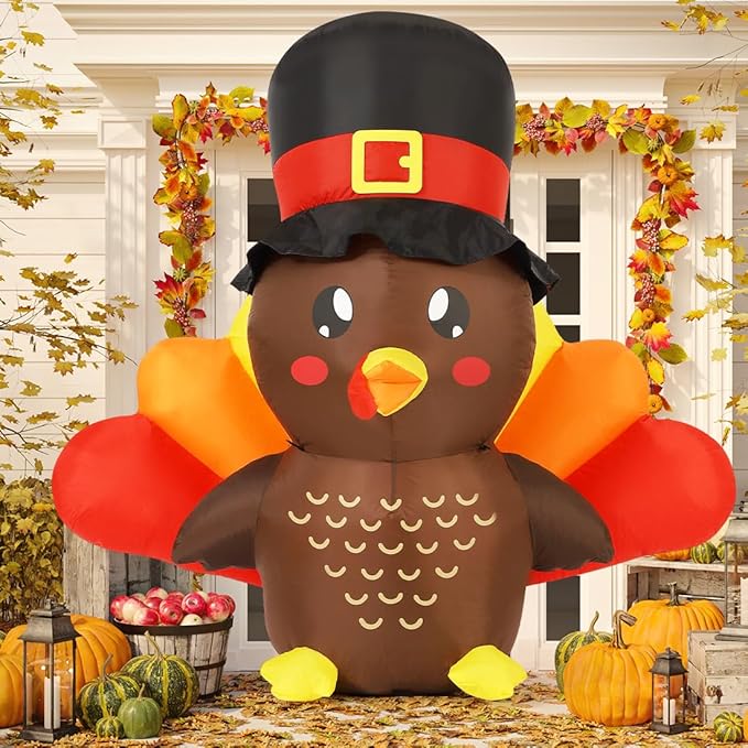 GOOSH 5 FT Tall Thanksgiving Inflatables Turkey Baby in Hat with Built-in LEDs