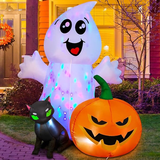 GOOSH Halloween Inflatable 5FT Ghost with Black Cat and Pumpkin with Built-in LEDs