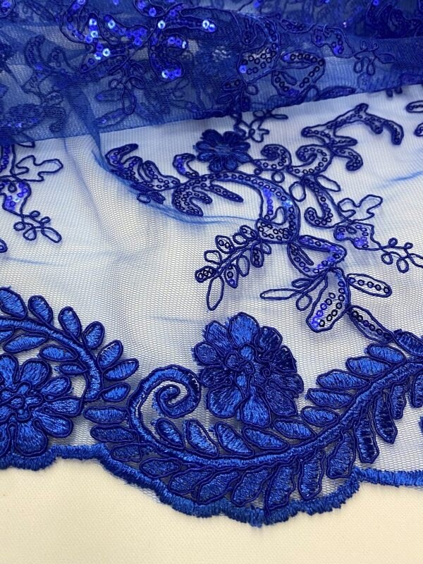 1 Yard Royal Blue Sequin Lace Fabric, Corded Mesh Embroidered with Double Scalloped Edge 54″ Wide