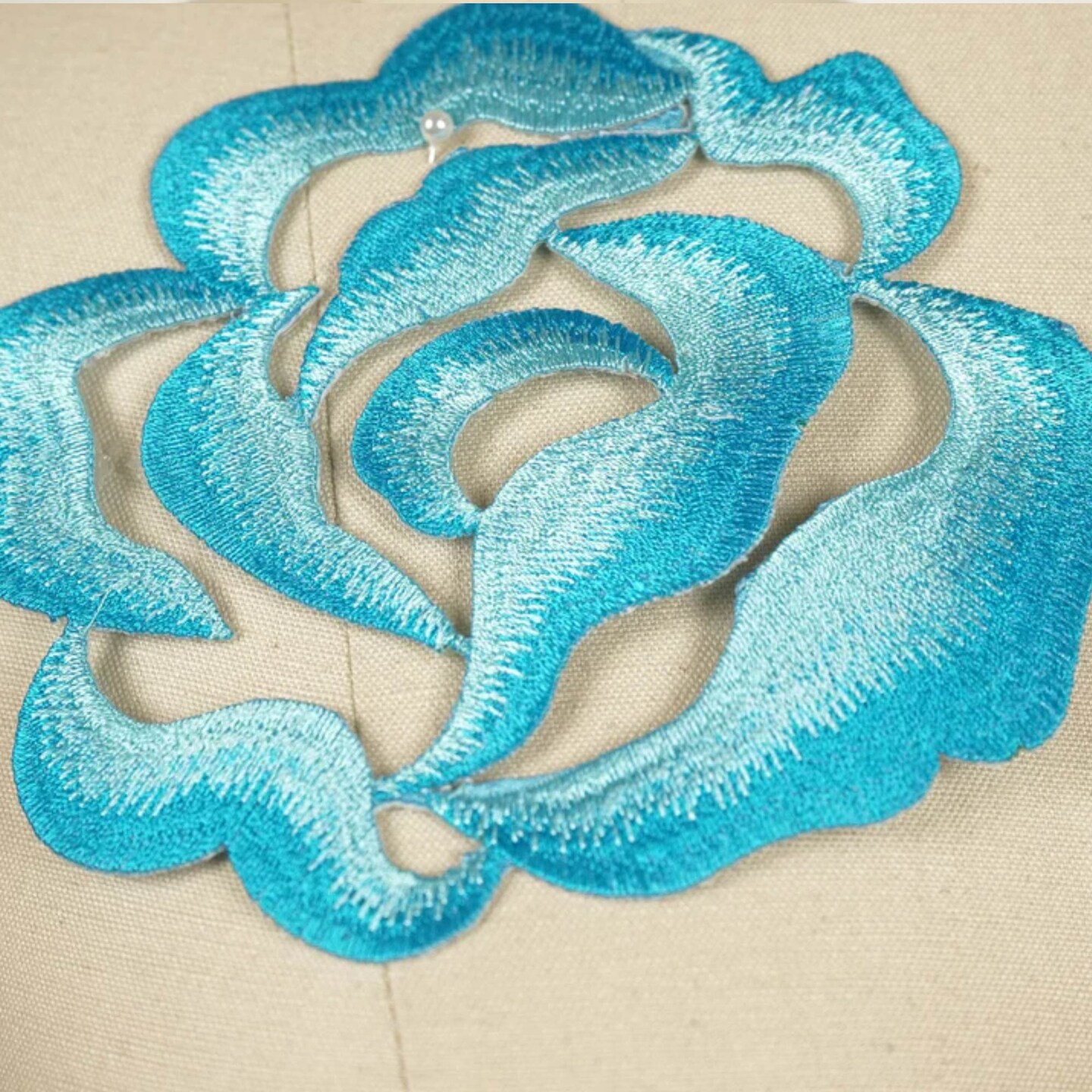 Blue Embroidery Flower Applique Pair Iron On 5.5 Inch Diameter Patch