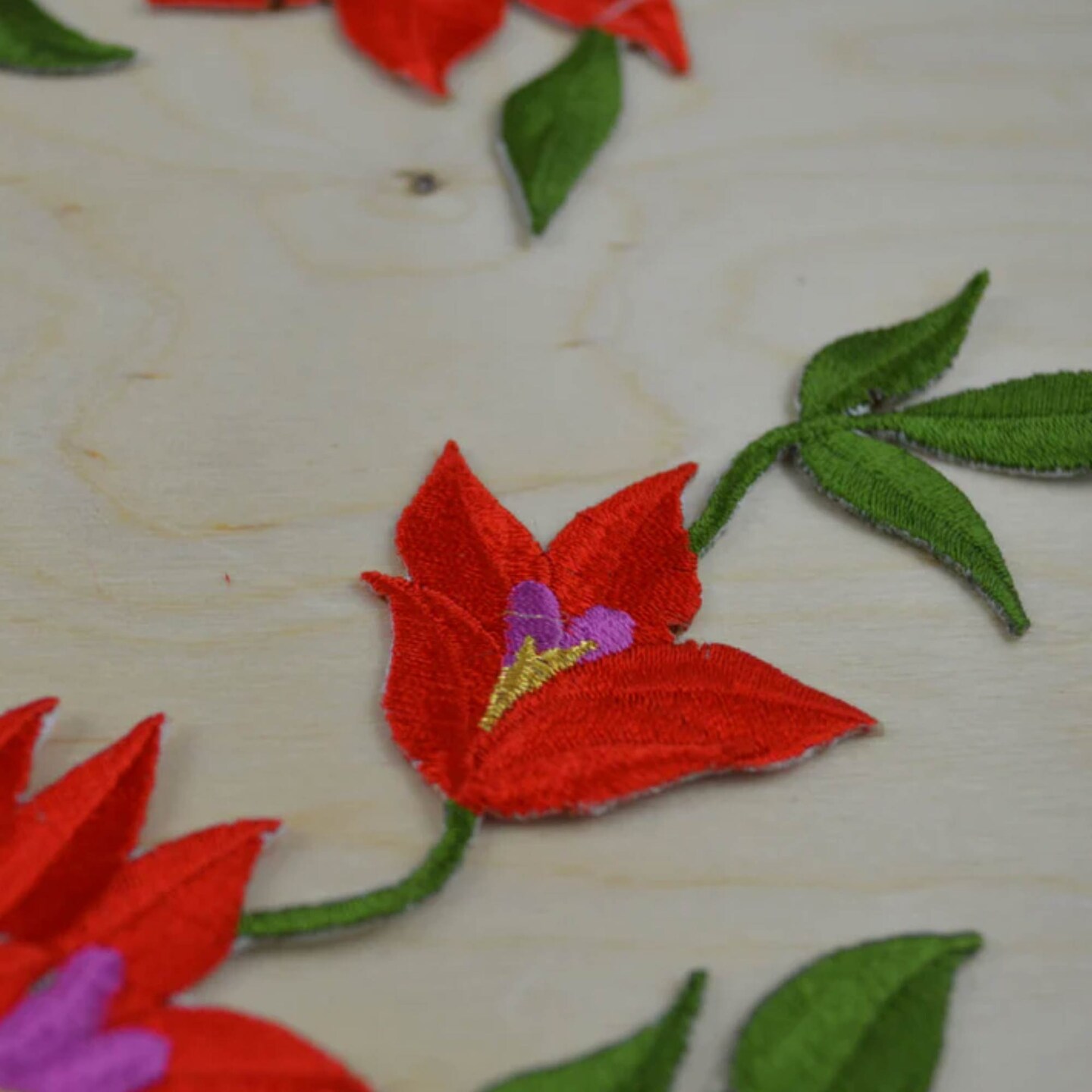 Vibrant Red Purple Green Lily Embroidered Flower Iron On Patches Pair