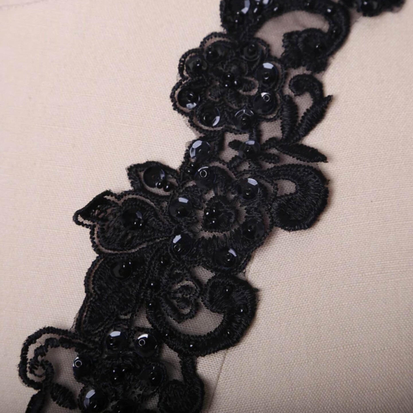 Black Beaded Floral Collar Patch Pair Sequined Iron On Appliques Decorative 9 Inch