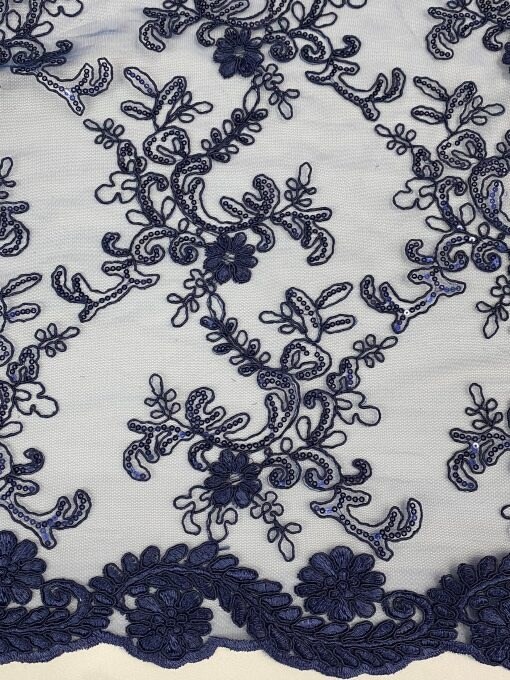 1 Yard Navy Blue Corded Sequin Lace Mesh Fabric with Double Scalloped Edge 54” Wide