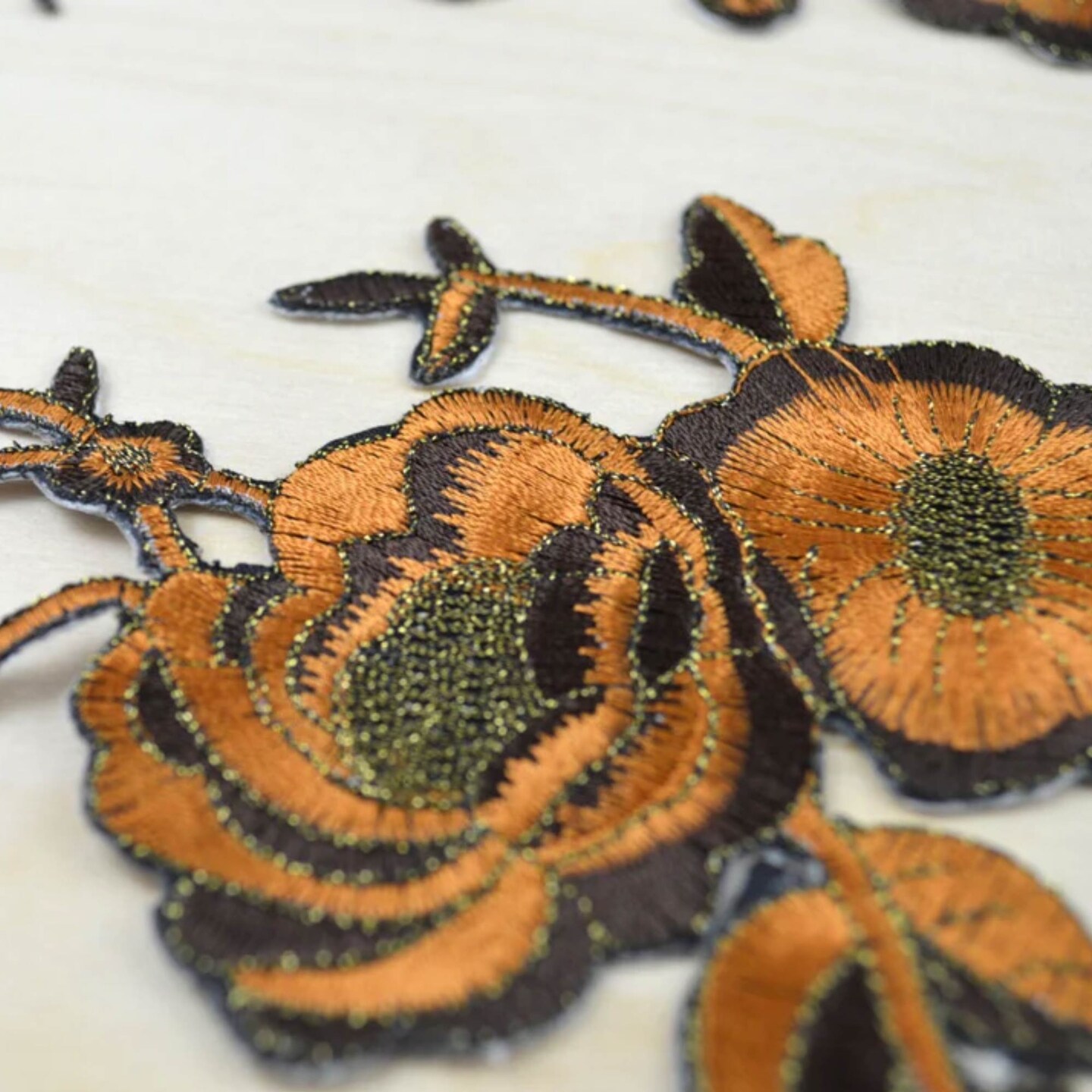 2 Pieces Brown and Rust Flower Appliques with Antique Gold Embroidery Iron On Patches