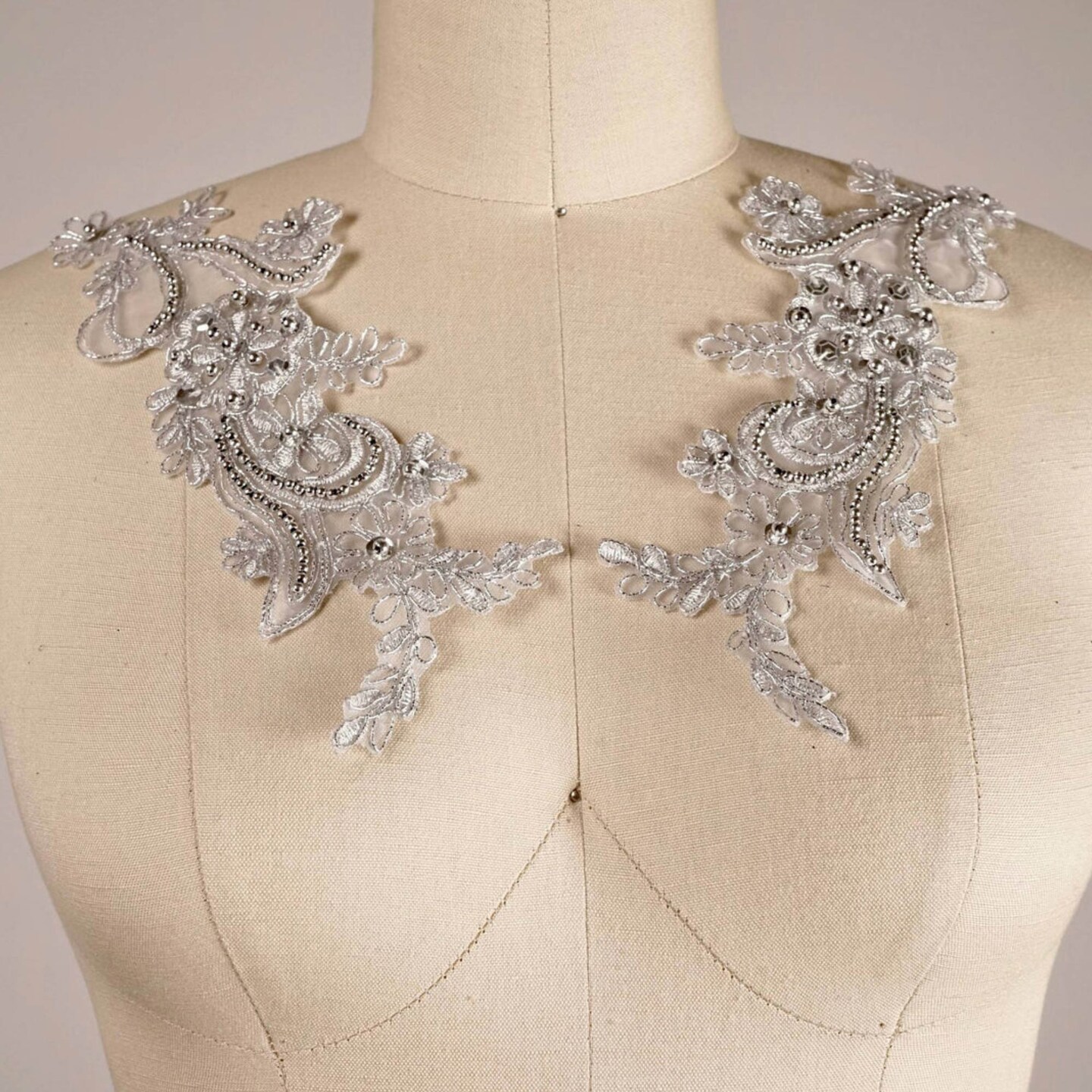 Metallic Gray Alencon Lace Applique Pair with Silver Pearls and Sequins