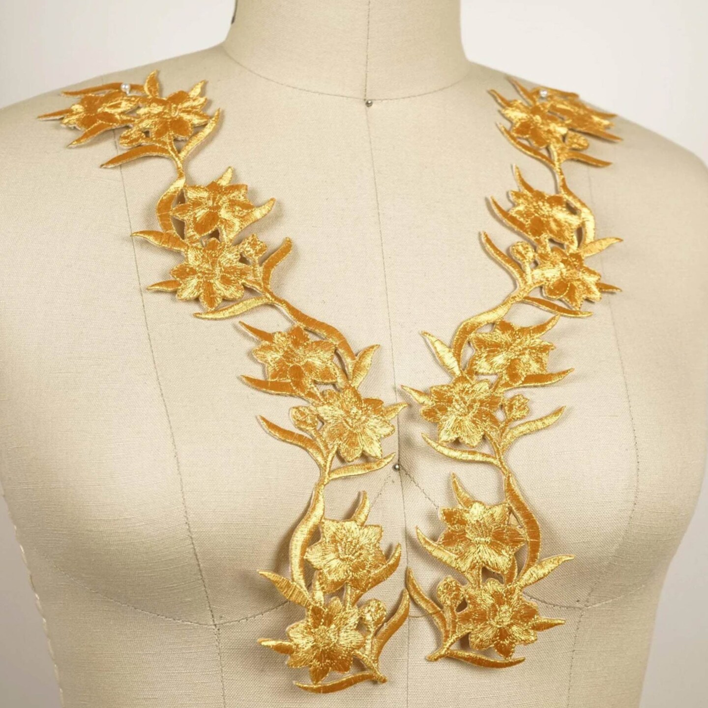 Gold Rose Embroidery Patch Pair Long Metallic Iron On Appliques 12.5 Inch
