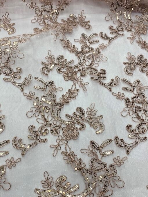 1 Yard Mauve Corded Sequin Lace Mesh Fabric with Double Scalloped Edge 54” Wide