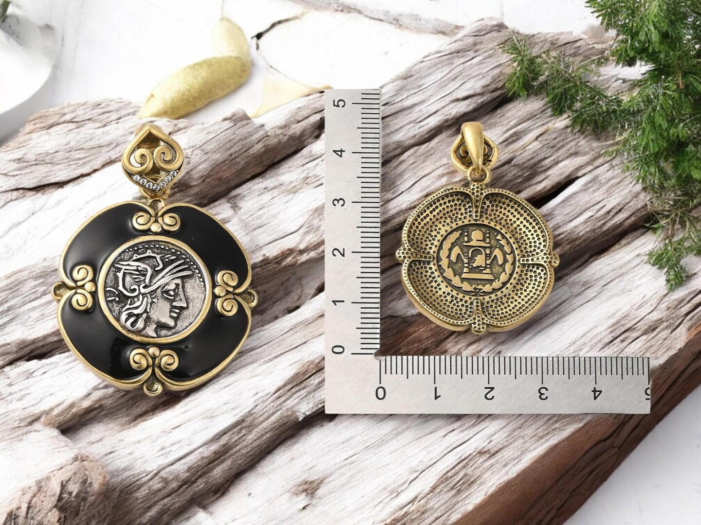 35x31mm Gold Plated Brass w/Cubic Zirconia &#x26; Enamel Roman Coin Replica Pendant