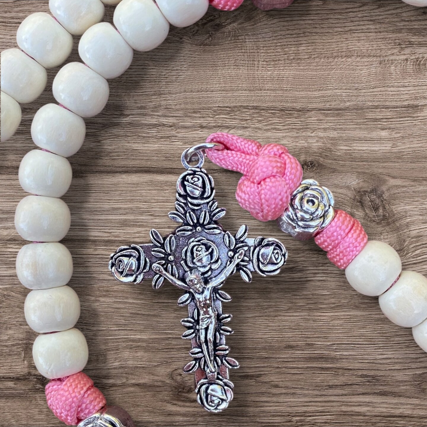 St Therese Paracord Rosary, Rose Crucifix, Pink Paracord Rose