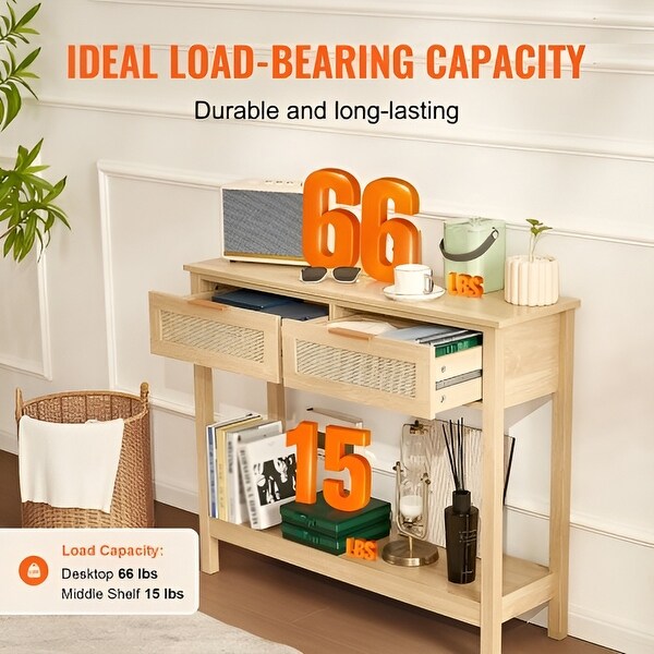 Natural Rattan Entryway Table with 2 Drawers, Storage Console