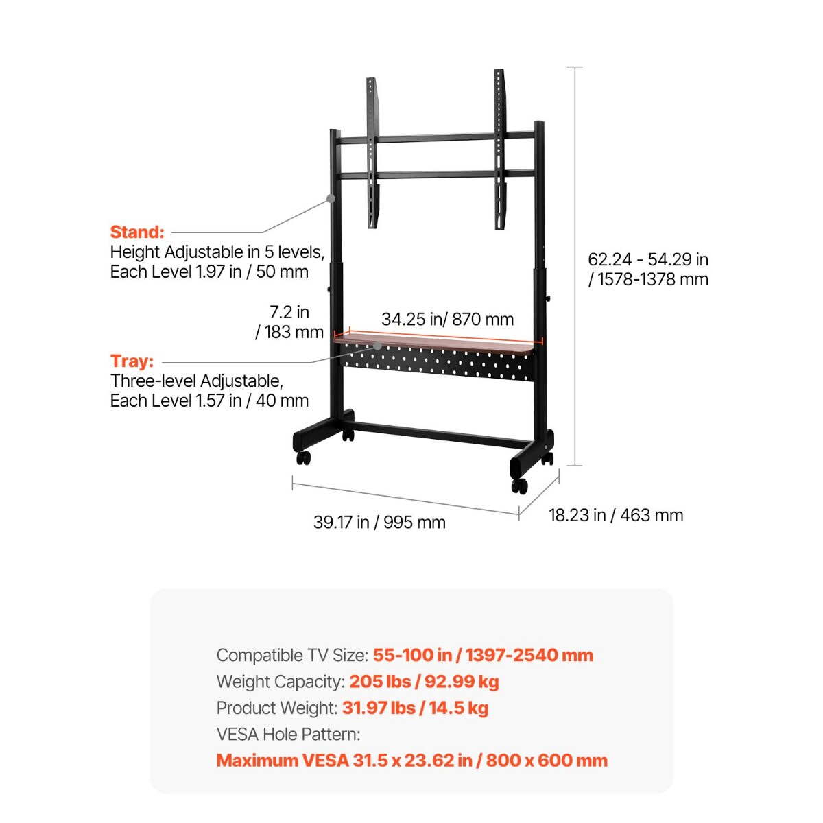 Rolling TV Stand for 55-100" Screens, Height Adjustable, Holds 205 lbs