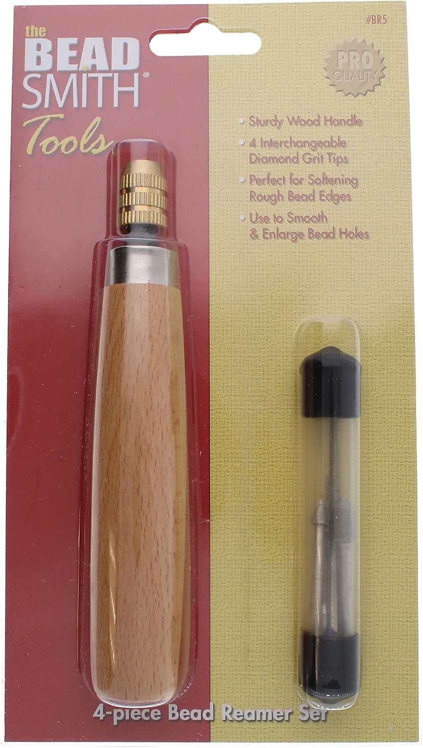 The Beadsmith Diamond Reamer Set – 4 Interchangeable Tips, Wood Handle, Storage Tube for Bits - Use on Glass, Ceramic or Stone – Tools for Opening & Enlarging Holes & Softening & Smoothing Rough Edges